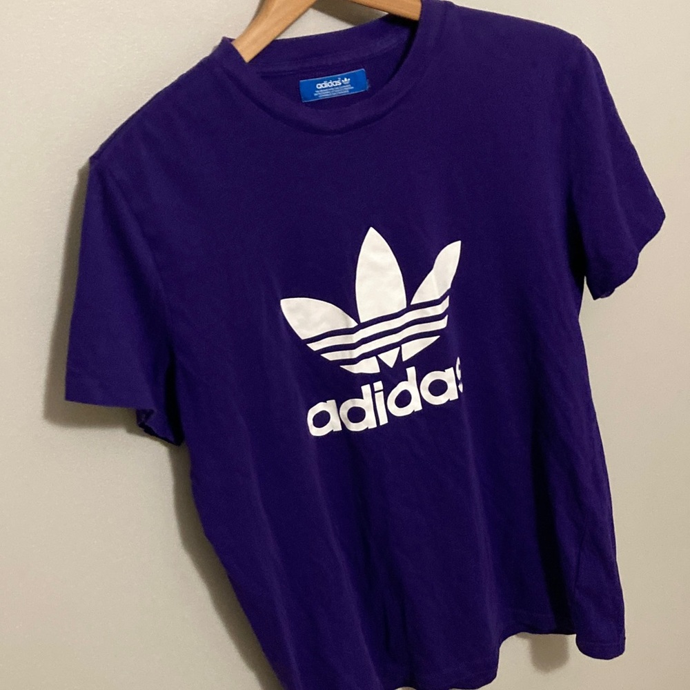 Adidas Classic Purple Tee with White Logo, Size Medium, Crewneck short sleeve - Picture 3 of 7